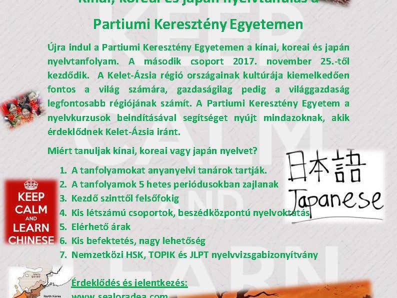 Újabb kínai, koreai és japán nyelvtanfolyam indul a Partiumi Keresztény Egyetemen